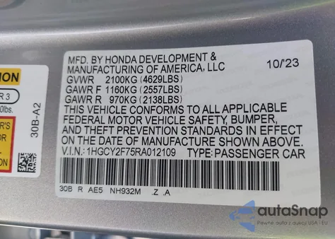2024 Honda Accord Hybrid Sport-L z USA, uszkodzony, nr VIN 1HGCY2F75RA012109